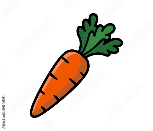 A vibrant orange cartoon carrot with green leaves on a white background