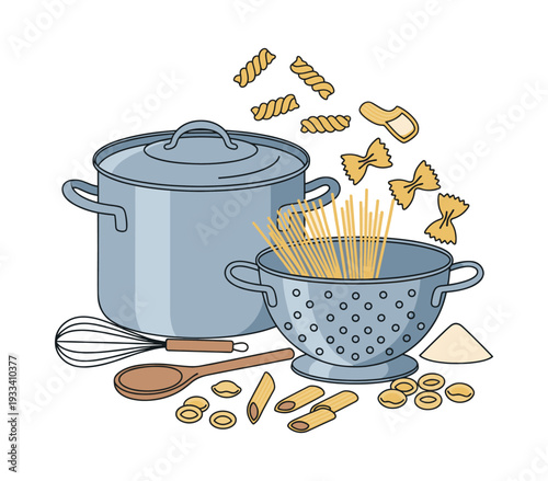 Variety of uncooked pasta, kitchen tools, and flour displayed on a white background, representing the art of Italian cooking