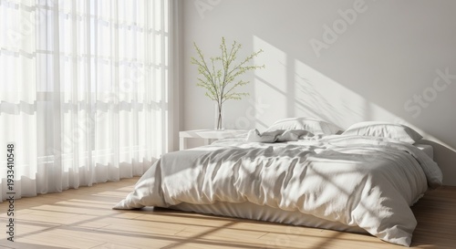 Bright morning light shining into a minimalist bedroom with white bedding and a green plant in a vase. Serene awakening during Easter or early spring.