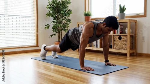 Man performing modified push-ups on a yoga mat in a bright, modern home gym setting