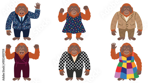 Collection of Cartoon Orangutans Dressed in Diverse Outfits, Standing and Waving, Isolated on White Background