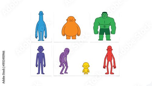 Colorful abstract cartoon characters displaying diverse body types, proportions, and postures. Human-like figures for design.
