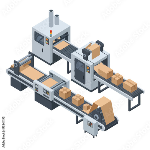 Industrial Packaging Machinery with Cardboard Boxes on Conveyors.