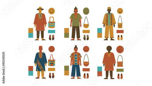 Flat vector illustration set of diverse traditional cultural outfits and accessories with color palettes
