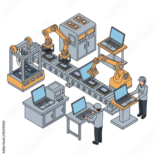 Industrial Robots and Workers in Factory Setting.