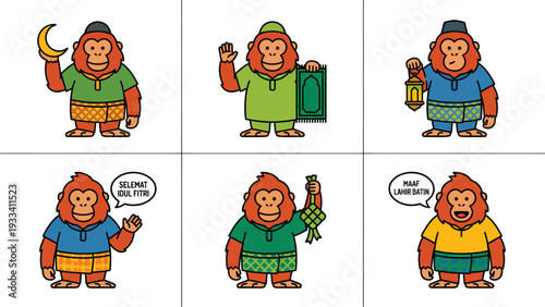 Cartoon Orangutans Celebrating Eid al-Fitr in Malay Attire with Traditional Symbols & Greetings
