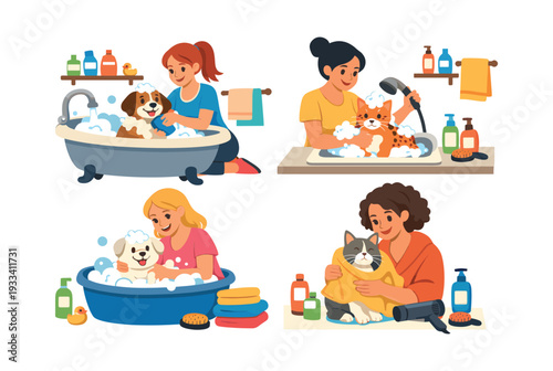 Owners bathing, rinsing, and drying their dog and cat pets. Pet grooming concept, animal hygiene, and care illustration