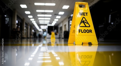 Warning Sign on A Reflective Floor Indicates A Slippery Surface Within A Commercial Space