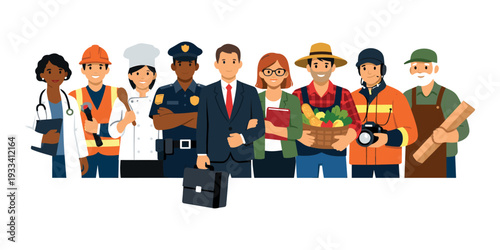 Diverse group of smiling people from various professions standing together, depicting employment diversity and workforce