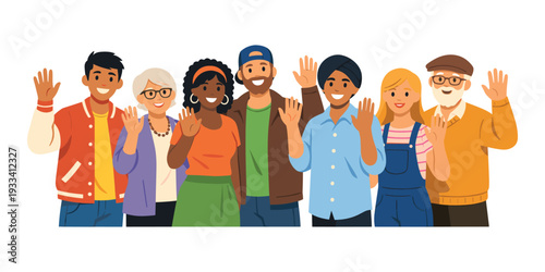 Joyful and diverse group of people of different ages and backgrounds waving greetings, celebrating unity and camaraderie