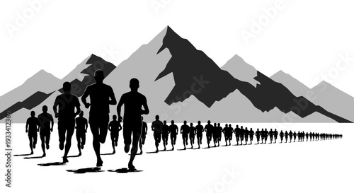 Endurance Journey: Silhouetted figures embark on a challenging journey, traversing a mountainous landscape, embodying the spirit of determination and the pursuit of goals.