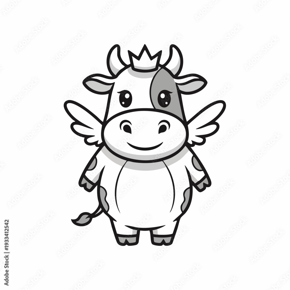 Fototapeta premium Cute Cartoon Cow with Wings and Crown Illustration.