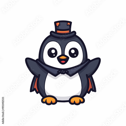 Cute Cartoon Penguin Wearing a Top Hat and Bow Tie.
