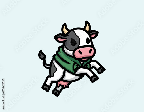 Cartoon cow wearing a green scarf jumping with joy and happiness.
