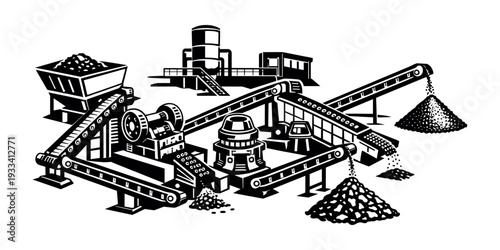 Quarry plant crushing raw materials, processing minerals, and transporting different aggregates on multiple conveyor belts