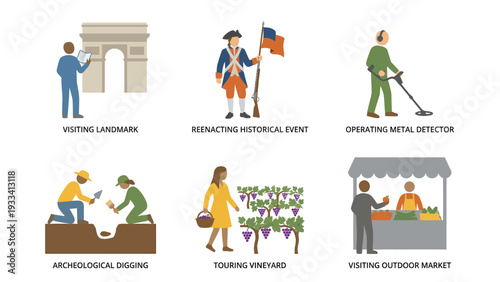 Diverse Outdoor Activities Leisure Landmark Visiting Historical Reenactment Metal Detecting Archaeology Vineyard Tours Market Shopping Vector Icons