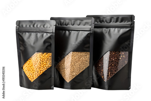 Black Matte Stand Up Pouches Chia Flax Sunflower Seeds Mockup Resealable Bulk Packaging