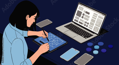 Female UI/UX designer sketching app wireframes on tablet, laptop with web layouts, smartphones, illustrating modern digital product design and tech.