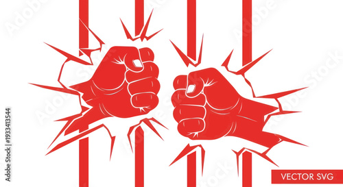 Two Red Fists Breaking Through Barrier, Symbol of Conflict, Struggle, and Determination