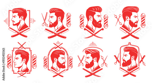 Barber Shop Icons: Bearded Men, Scissors, Razors, Barber Poles