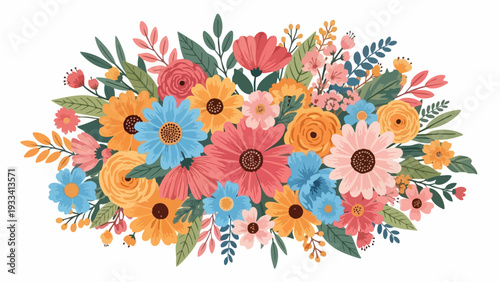 Vibrant floral arrangement showcasing a diverse collection of colorful blossoms and lush green foliage.