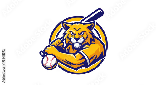 Fierce Bobcat Mascot Swinging Baseball Bat with Ball