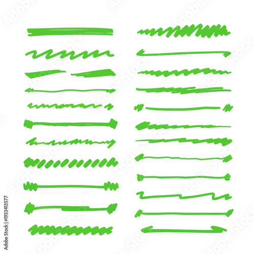 Collection of Hand Drawn Green Underline Elements on White Background
