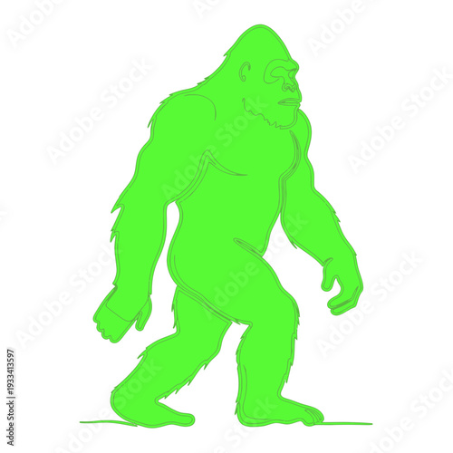Green Bigfoot Silhouette Walking Illustration, Sasquatch Outline on White Background