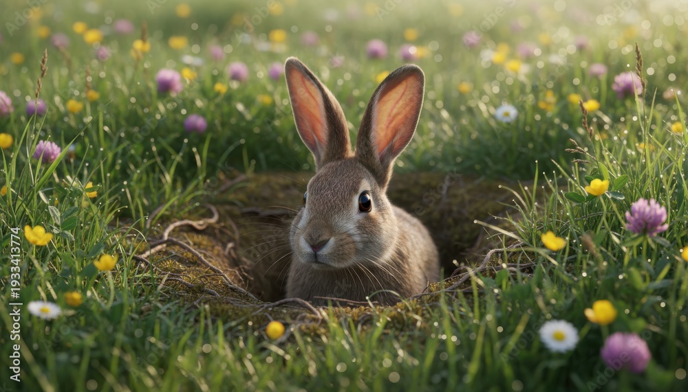 Fototapeta premium Curious rabbit with long ears peeking from its burrow in a sunlit springtime meadow filled with flowers