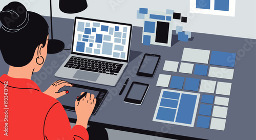 Female designer creating responsive web layouts and user interfaces on laptop, tablet, and smartphones. Optimizing digital content for diverse screens.