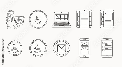 Modern line art vector icon set illustrating digital technology, user interface design, mobile accessibility, and online communication for web and app development projects.