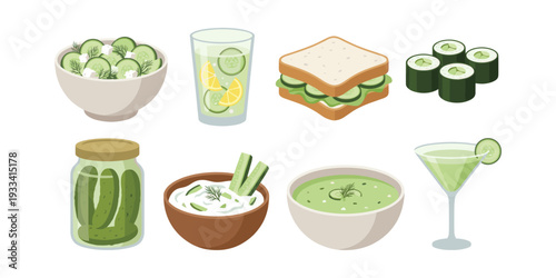 Cucumber dishes and beverages set, illustrating a range of healthy and refreshing food choices and drinks