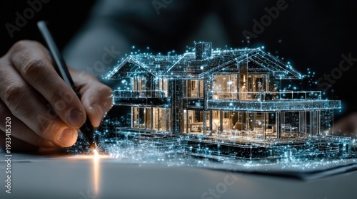 Digital blueprint of a modern house being drawn with a stylus creating a futuristic architectural