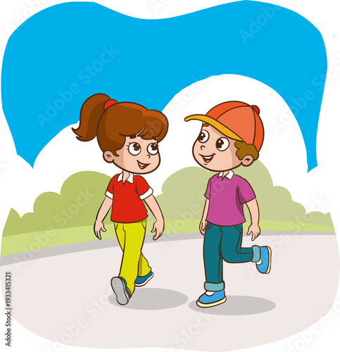 Cute little children are walking and chatting.