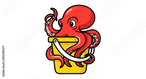 Cute cartoon red octopus peeking out of a yellow bucket