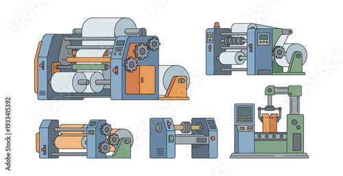 Variety of cutting-edge manufacturing equipment in a factory, automating the processing of materials such as paper and labels