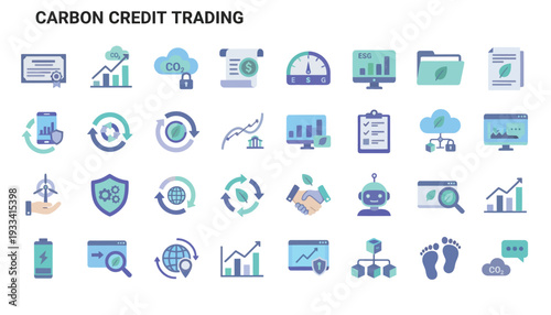 Carbon credit trading concept with green leaf and earth symbol for environmental protection climate change and sustainable business practices editable stroke vector icons