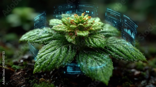 Futuristic green plant with holographic data displays showing agricultural technology innovation