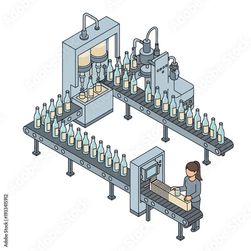 Bottling Machine with Bottles and Worker.