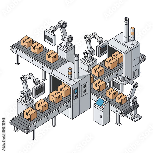 Automated Packaging Factory with Robotic Arms.