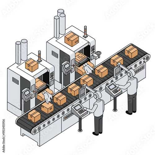 Workers Inspecting Boxes on Production Line.