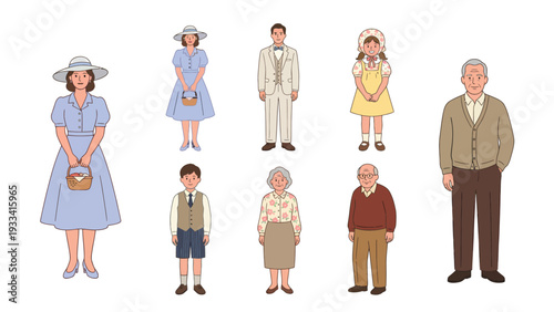 Vintage Fashioned People Group Illustration: Multi-Generational Characters