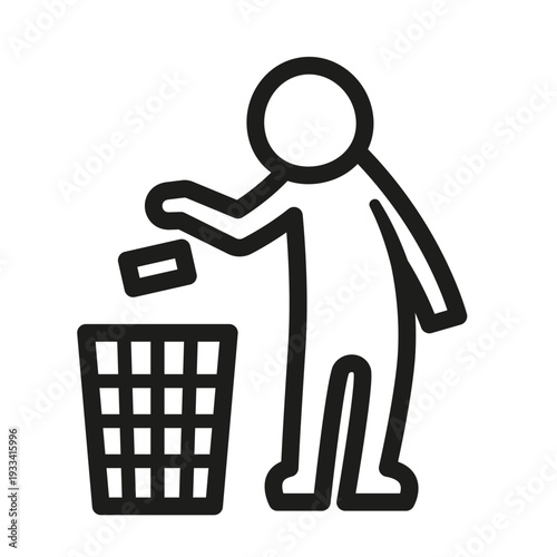 A stick figure person disposing of trash into a waste bin, a simple black and white line drawing.