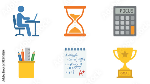 Productivity, Learning & Goal Achievement Flat Vector Icons Set for Business & Education