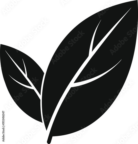 Black and white silhouette of two connected leaves with stems vector illustration