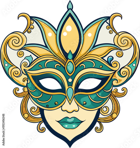 Ornate gold and turquoise venetian mask with floral vector illustration