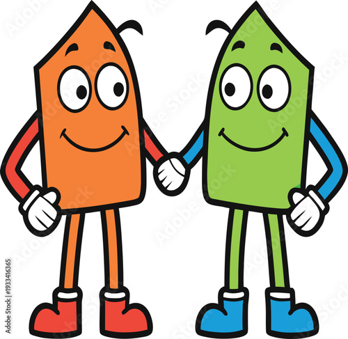 Two smiling cartoon houses holding hands in orange and green colors vector illustration