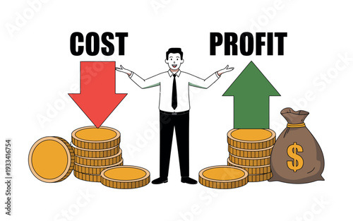 A businessman balancing cost and profit with coins and a money bag