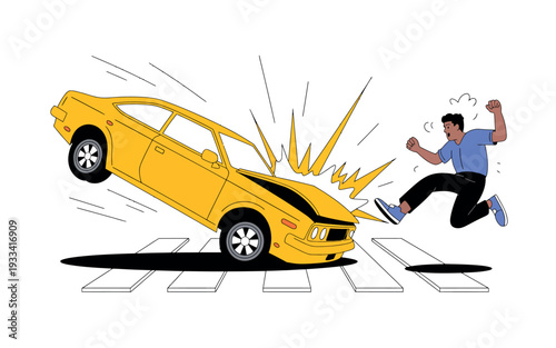A cartoon man jumping away from a yellow car that has crashed and is airborne on a city street