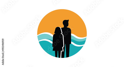 Couple Silhouette at Sunset with Ocean Waves in Minimalist Design for Branding